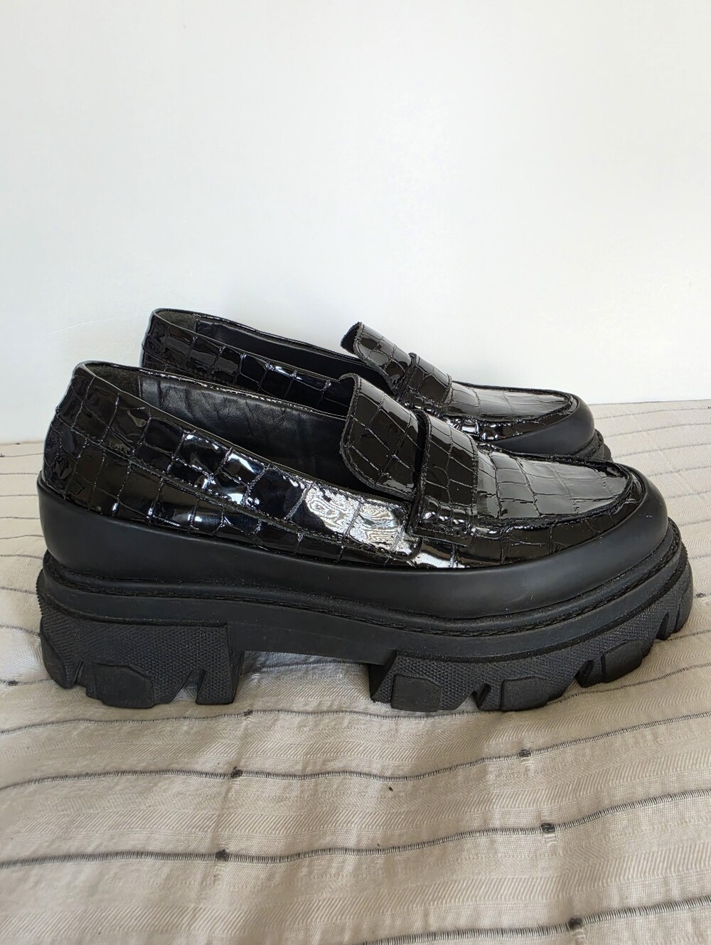 Ganni Black Patent Croc Lug Sole Loafers